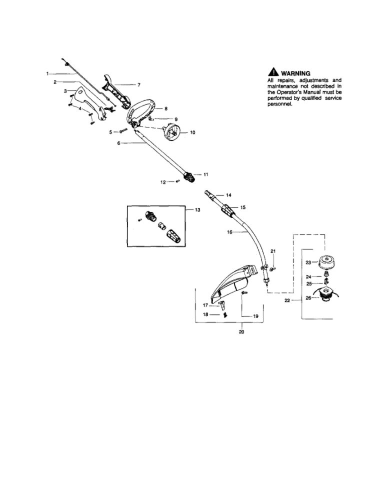 Drive Shaft/Handle/Shield Diagram and Parts List for FX26SC Type 1 Weed Eater Trimmer